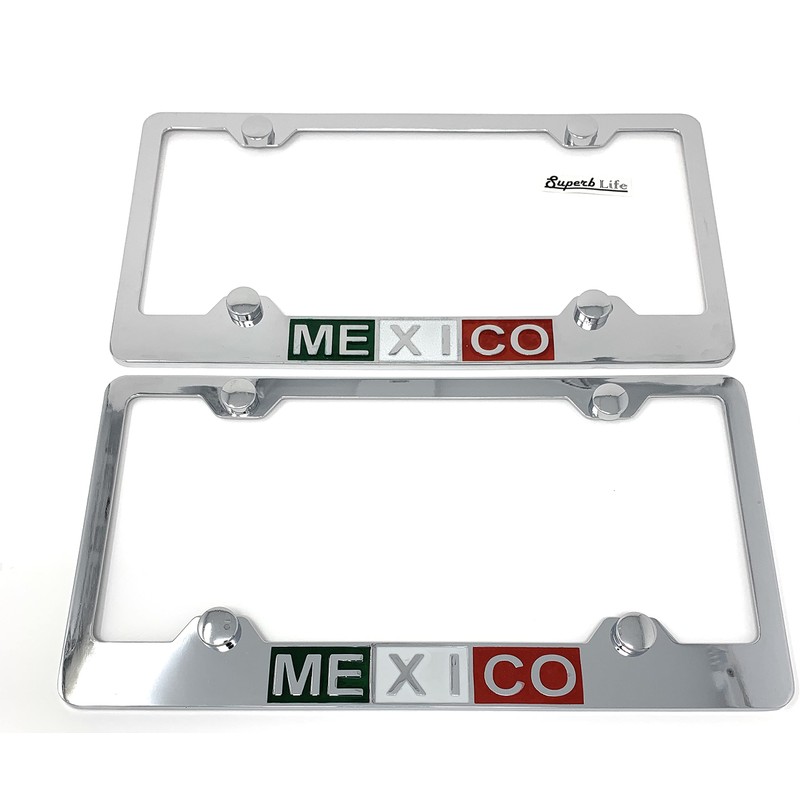 Mexico Mexican Flag Chrome Polished License Plate Frame, Front &