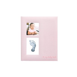 Kate & Milo Linen Babybook and Ink Pad, Baby Girl Keepsake, Baby's First Year Milestone Moments, Pink