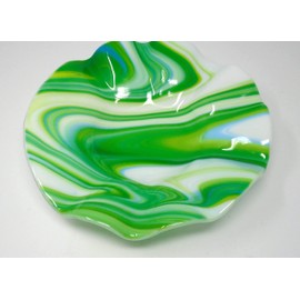 Swirled Green White and Blue Ruffled Bowl 11.5 inch Handcrafted Fused Glass