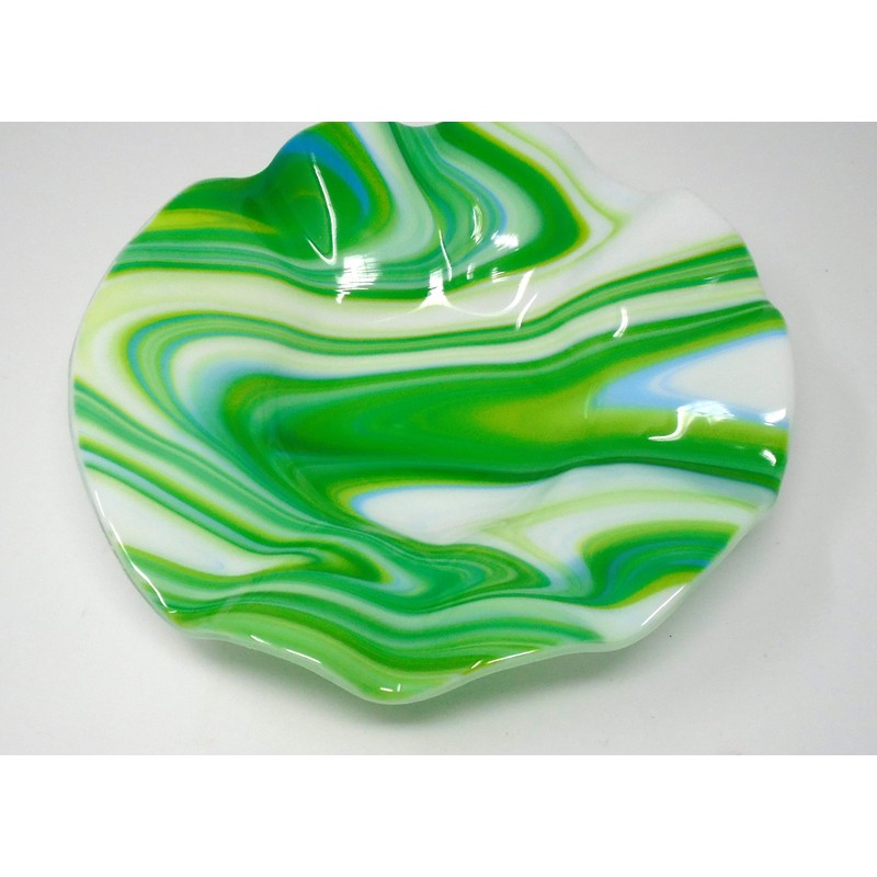 Swirled Green White and Blue Ruffled Bowl 11.5 inch Handcrafted