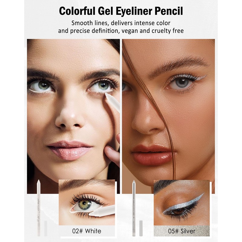 2 x Gel Eyeliner Waterproof, White Silver Smooth Cream Eyeliner