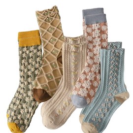 ILILIC 5/6/10 Pairs Casual Cotton Socks Colorful Floral Crew Socks Pack for Women Girls Ankle Socks Multipack (5 Pairs Floral (A))