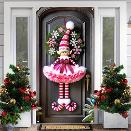 BlissYard Pink Elf Girl Door Cover 71x35 Inch Christmas Banner for Front Door Outdoor Indoor Decoration Holiday Background with Striped Hat Skirt Snowflake Curls Shoes Red Bow Decoration