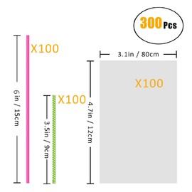 BEFORYOU 6 Inch Cake Pop Sticks Set Pack of 300, Each of 100 Pieces Parcel Bags, Colorful Treat Sticks, Colorful Metallic Wire for Lollipops Candies Chocolates and Cookies