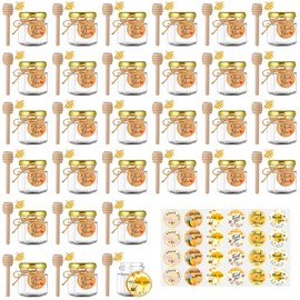 GIVAMEIHF Mini Glass Honey jars-1.5 oz,30 pcs Hexagon Honey Jars with Wooden Dipper,Gold Lid,Bee Pendant,Rope,Mini Honey Jars with Dipper,Perfect for Baby Shower,Wedding Favors,Party Favors
