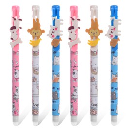 UICCVOKK 6 Pcs Erasable Pens, Rub Out Pens, Student Stationery Cute Cartoon 0.5mm Erasable Neutral Pen, Creative Gel Ink Pen for Office School Stationery Supplies Set(Blue Ink)