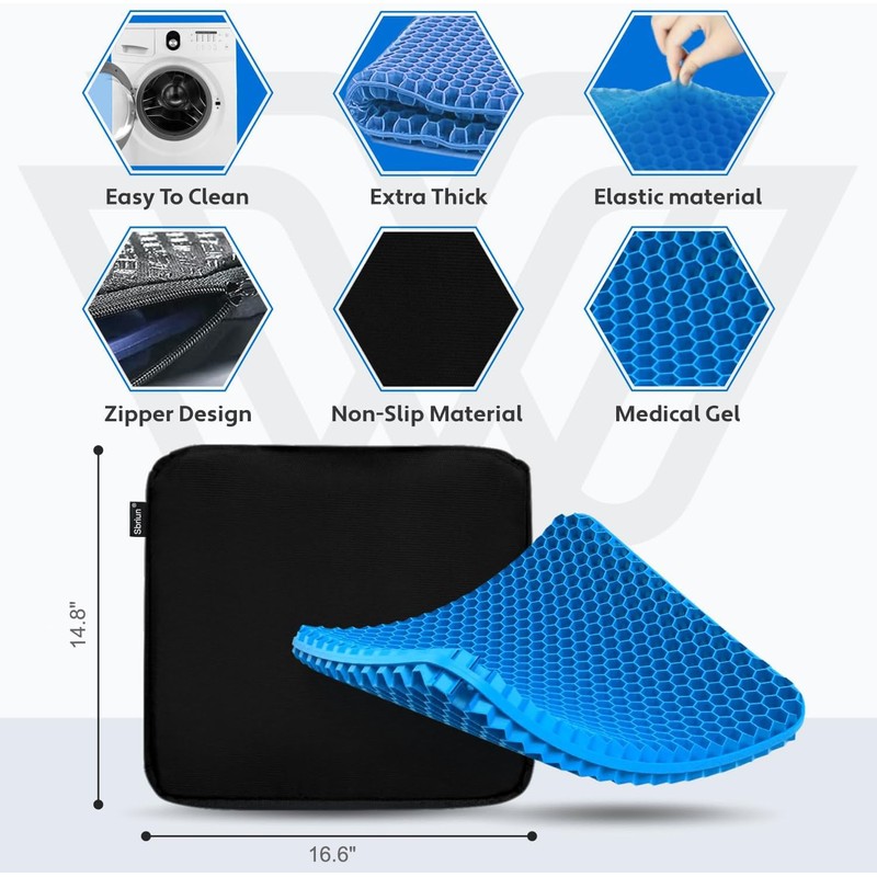 Gel Seat Cushion for Long Sitting, Double Thick, Pressure Relief