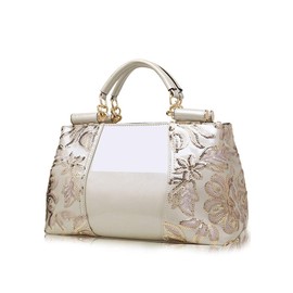 KEEPOP Women Handbag Top Handle Bag, Patent Leather Embroidery Fashion Tote Purse for Ladies Evening Party, Wedding, Special Occasion, White