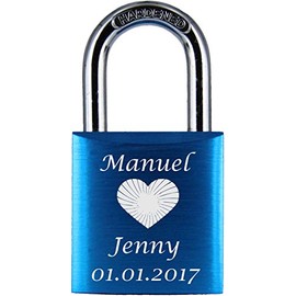 ♥ Love Goals Engraved Love Padlock with Engraving | Individual | Ideal Gift for Lovers & Couples | High-Quality Gift Packaging | Lock with 2 Keys | Anodised | M018. Green, Blue, Red & Purple, blue