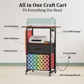 Rolling Craft Cart with Charging Station & Fabric Drawer, 24 Vinyl Roll Holders for Cricut Cart, Craft Organizers and Storage Compatible with Cricut Maker, Cricut Organization for Craft Room, Vintage