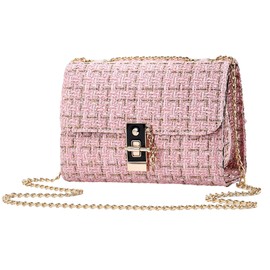 SLOW & MELLOW Women's Shoulder Bag, Compact, Tweed, Gold Chain, Retro Bag, Mini 3 Colors, Pink