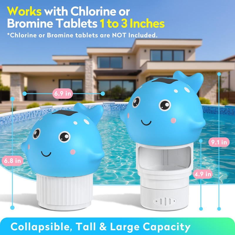 Blufree Pool Chlorine Floater, Solar Whale Chlorine Tablet Floater w/Light,