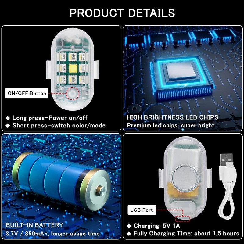 SEISSO 4-Pack Wireless Remote Control Anti-Collision LED Strobe Lights Kit