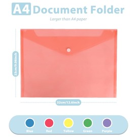 MIETONG 5 Pieces Folders for Documents - A4 Popper Wallets A4 Folders Plastic Document Folder Transparent Colours Plastic Envelopes with Snap Closures for School and Office