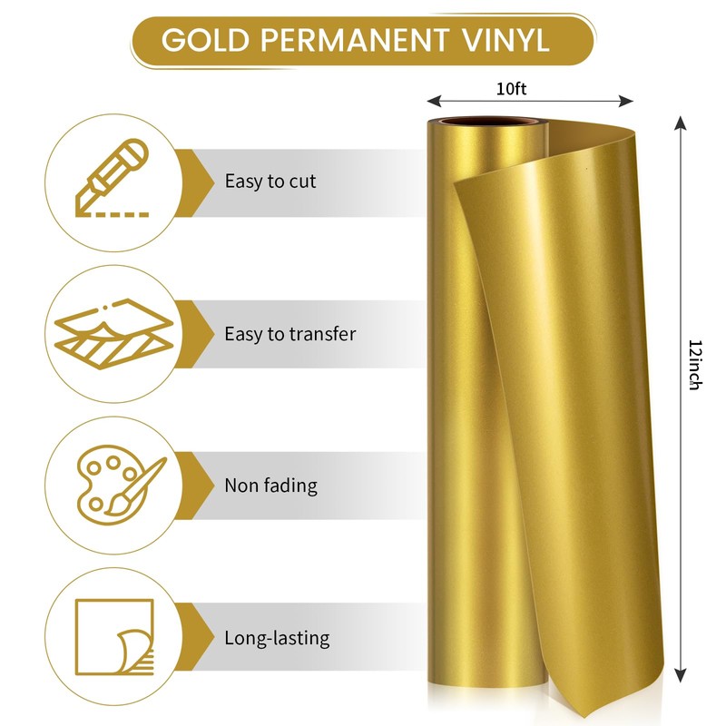 Gold Vinyl, Gold Permanent Vinyl - 12" X 10ft, Glossy