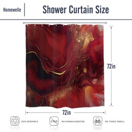 Homewelle Burgundy Red Marble Shower Curtain Abstract Modern Ombre Luxury Vintage Golden Cracked Lines Veins Texture Liquid Elegant 72Wx72H Inch Aesthetic Waterproof Polyester Fabric Bathroom Bathtub