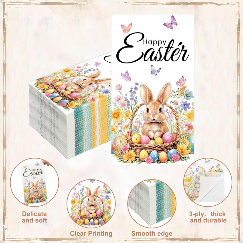 50 PCS Happy Easter Guest Napkins Easter Bunny Floral Paper