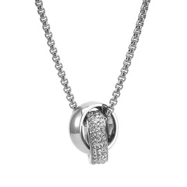 YURESEN Double Ring Pendant Necklace for Men and Womens, Titanium Chain with Crystal Inlay Design Love Promise Rings for Couples (Interspersed Silver)