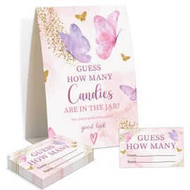 Baby Shower Games - Butterfly Guess How Many Candies Are in the Jar Game, 1 Sign and 50 Guessing Cards, Gender Reveal Game, Butterfly Baby Shower Decoration Supplies (KA11)