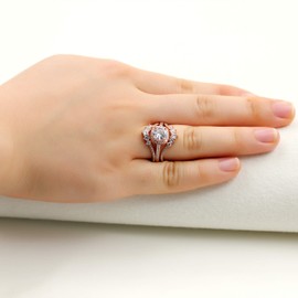 Rose Gold Plated 925 Sterling Silver Round CZ Diamond Ladies Wedding Enhancer Guard Stack Double Ring Band (size 9)