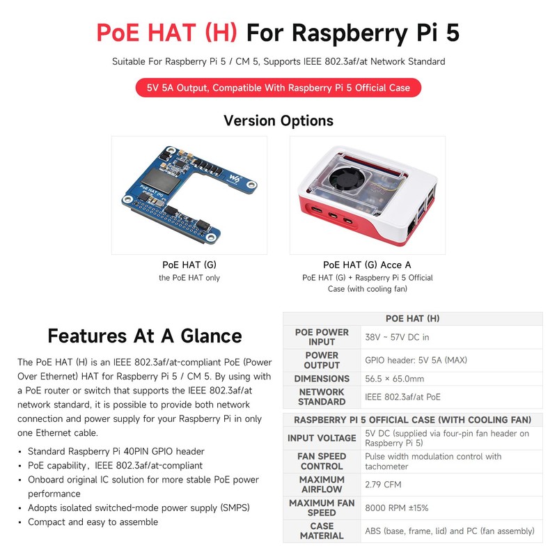 Waveshare Power Over Ethernet HAT (H), Compatible with Raspberry Pi