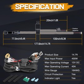 Wiring Harness 1 Lead, Niking Auto Wiring Harness Kit for LED Light Bar Fog Light Work Light 12V 40A Rock Switch Relay Fuse Nylon Heavy Duty Wire Kits Offroad LED Pods Wire Kit for Truck UTV ATV Boat