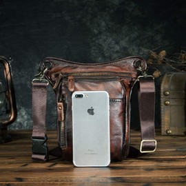 Le'aokuu Mens Genuine Leather Motorcycle Waist Pack Messenger Shoulder Drop Leg Bag 211-5 (211-5 A2 Red-Brown)…