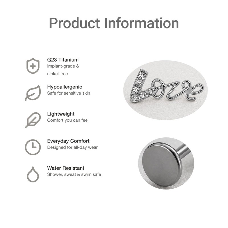 BCMON G23 Titanium LOVE Script CZ Flat Back Cartilage Stud
