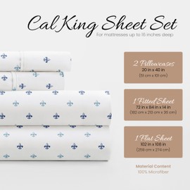 Linen Market Double-Brushed Patterned Microfiber California King Sheet Set 4 Piece – Oeko-TEX Certified Ultra Soft & Wrinkle-Free - 16" Deep Pocket Sheets Easy Care Cal-King Size - Lily Navy