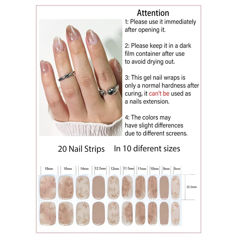 Semi Cured Gel Nail Strips, Brown Marble 20pcs Adhesive UV