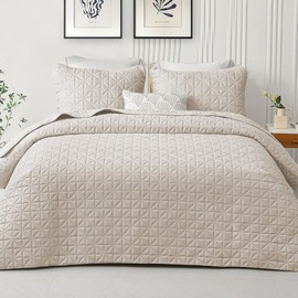 Exclusivo Mezcla Quilts Queen Size Bedding Set with Stitched Grid Pattern, Lightweight Brich Beige Bedspreads Coverlets Bed Cover for All Seasons (1 Quilt and 2 Pillow Shams)