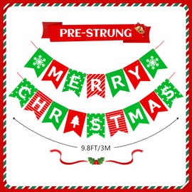 Pre-Strung Christmas Party Decorations – Merry Christmas Banner Indoor,Green Red Vintage Xmas Banner Decor Sign for Festive Holiday Home Party,Fireplace Mantel,Farmhouse,Wall,Window,Office