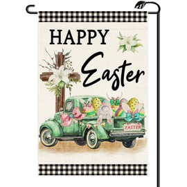 Easter Garden Flag 12x18 Inch Vertical Double Sided Happy Easter Buffalo Plaid withTruck Cross Bunny Eggs Small Flags Farmhouse Outside Decoration For Yard (ONLY FLAG) FH35