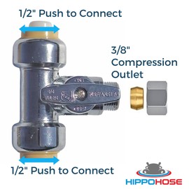 Push On T-STOP Shut Off Valve (1/2" Push x 1/2" Push x 3/8") - Safe for Drinking Water - Kitchen & Bathroom Sink, Refigerator, Dishwasher, Toilet Hookup Valve - 1/4 Turn T-Valve for Copper, PEX, PVC