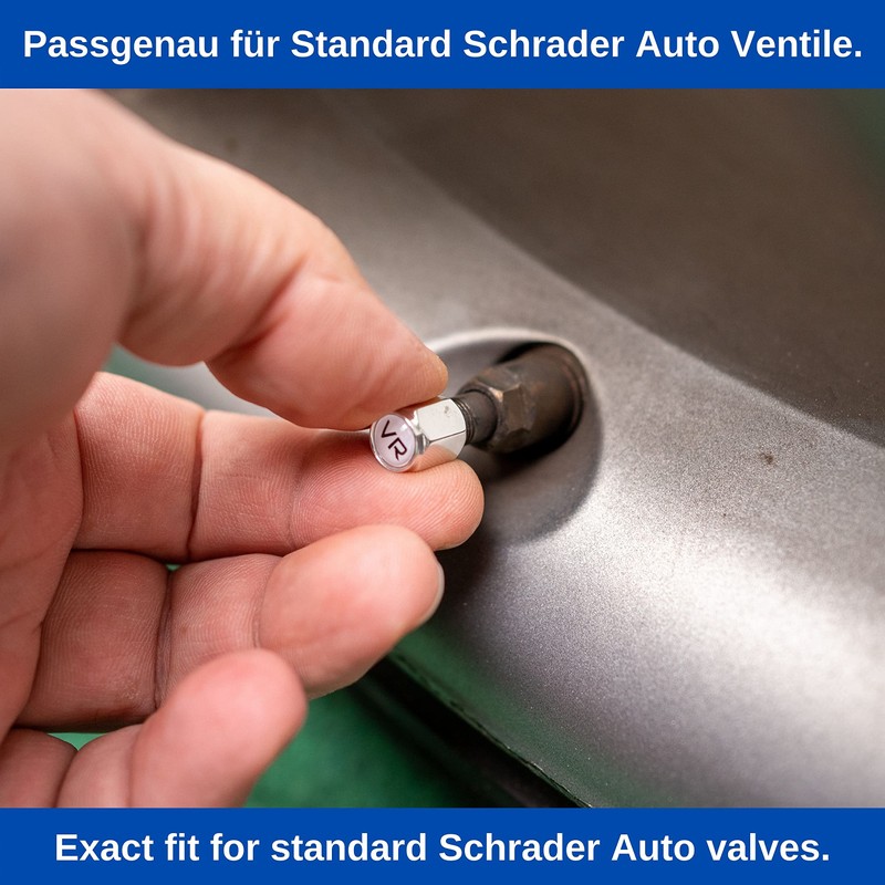 Aluminium Valve Caps, Pack of 8, in Silver, with German