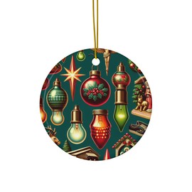 DistinctInk Hanging Ceramic Christmas Tree Ornament with Gold String - Great Gift/Present - 2 3/4 inch Diameter - Vintage Christmas Nostalgia