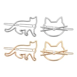 4pcs Golden Hair Clips for Women Metal Hair Clips for Women Girl Hair Pearl Cat Shaped Hair Barrettes Hair Clip for Women Cat Hair Clip Cat Nip Roller Gold and Silver Miss Bangs