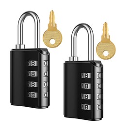 2 Pack Resettable Combination Padlock 4 Digit with Keys Heavy Duty Security Lock for Gym, School, Sports, Employee Lockers, Fence, Gate, Toolbox, Suitcase and More, Zinc Alloy Body (Black)