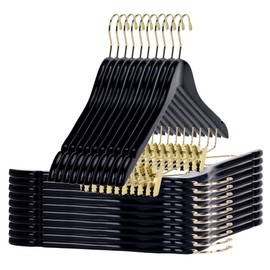 Quality Black Wooden Skirt Hangers with Clips, 20-Pack Smooth Solid Wood Pants Hangers with Durable Adjustable Metal Clips, Swivel Hook, Coat, Jacket, Blouse Suit Hangers (Black-Gold Hook, 20)
