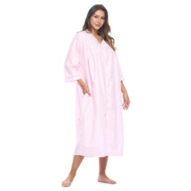 Casual Nights Women's Zip Front Woven House Dress | 3/4 Sleeves Housecoat Long Duster Lounger, Gingham Pink, Large