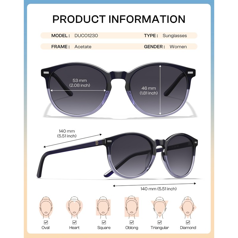 DUCO 1230 Women's Sunglasses, Round Sunglasses, UV400, Polarized Lens, Fashion