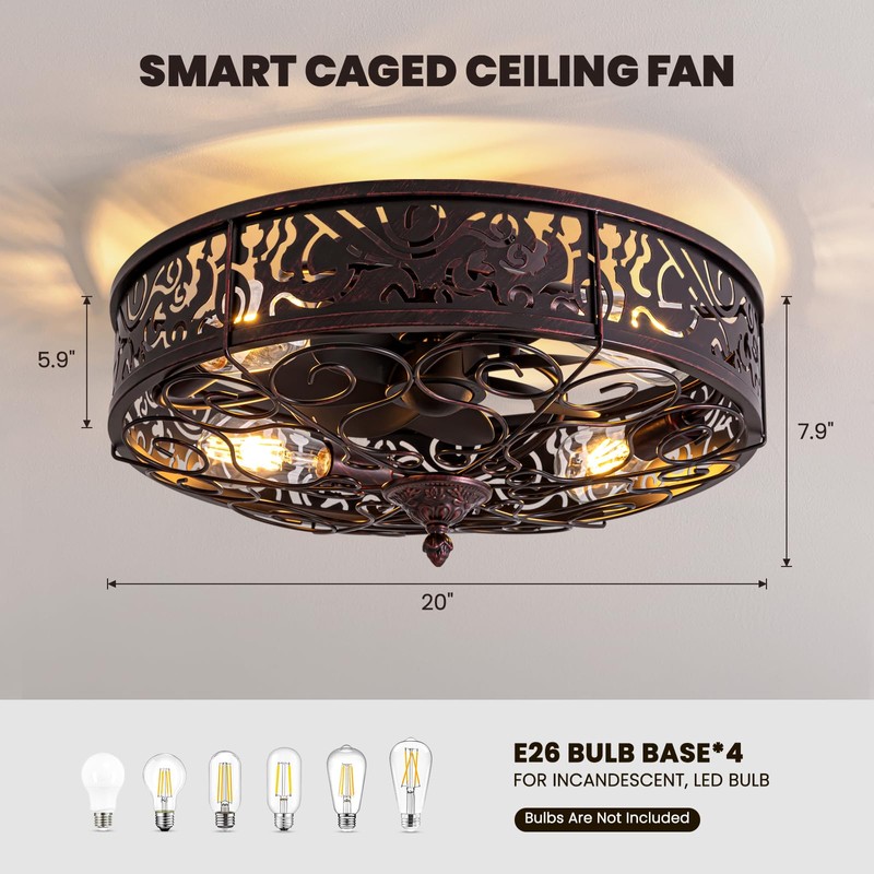 MOOONICHE 20" Ceiling Fan with Light and Remote, Farmhouse Bladeless