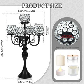 kolnlala 22.5 Inch Black 5-Arm Tea Light Crystal Candle Holder/Candlestick, Exquisite and Gorgeous Crystal Candelabra Table Centerpiece for Wedding/Holiday Events, Parties & Home Decor