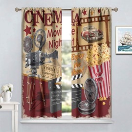SHElifestyle Movie Theater Curtains, Retro Home Cinema Window Treatments for Living Room Video Film Reel Popcorn Window Drapes for Bedroom 42x45in