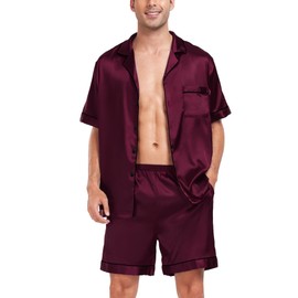 SWOMOG Men Silk Satin Pyjamas Sets Short Sleeve Sleepwear Button-Down PJs Sets Two-Pieces Loungewear with Pockets
