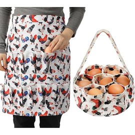 Durable Egg Gathering Apron 12 Deep Pockets Canvas Fabric for Duck Goose Quail Dove Eggs Holder Easter Egg Collecting Apron Chicken Coop Tool Hen Rooster Print (Egg Apro Aults+Bag A)