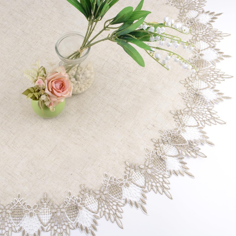 URROMA Linen Round Doily,90cm/35.43" Beige Table Cover Coffee Table Dustproof
