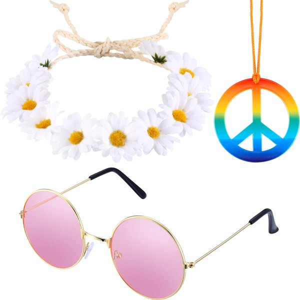 Tatuo 3 Pieces Hippie Costume Set Includes Rainbow Peace Sign Necklace, Flower Crown Headband and Hippie Sunglasses 60s 70s Dressing Accessory for Women Men