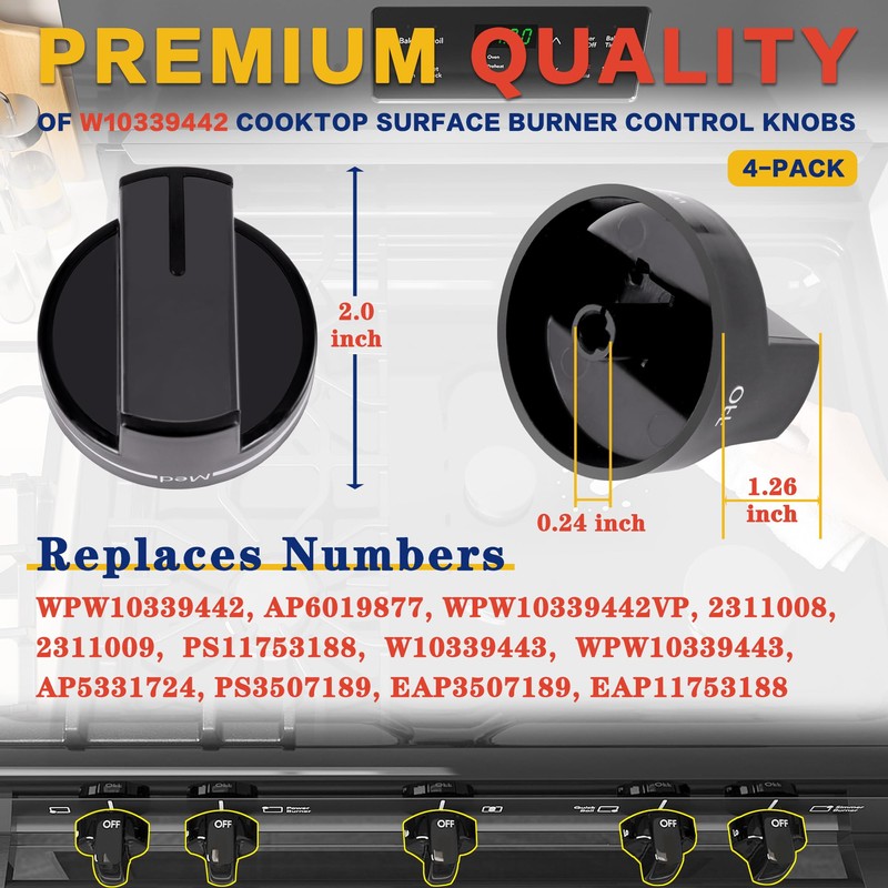 4 Pack W10339442 Whirl-Pool Stove Knobs Replacements, PS11753188 Whirlpool Stove/Gas/Oven