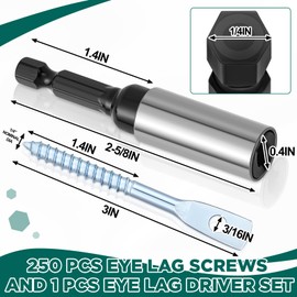 MorningRo 250 Pcs Eye Lag Screws and 1 Pcs Driver Set, 1/4 Inch x 3 Inch Eye Lag Wood Screws Zinc Plated 2-5/8 Inch Quick Install Bit Kit for Use with Attaching Hanger Wire to Ceiling Joists